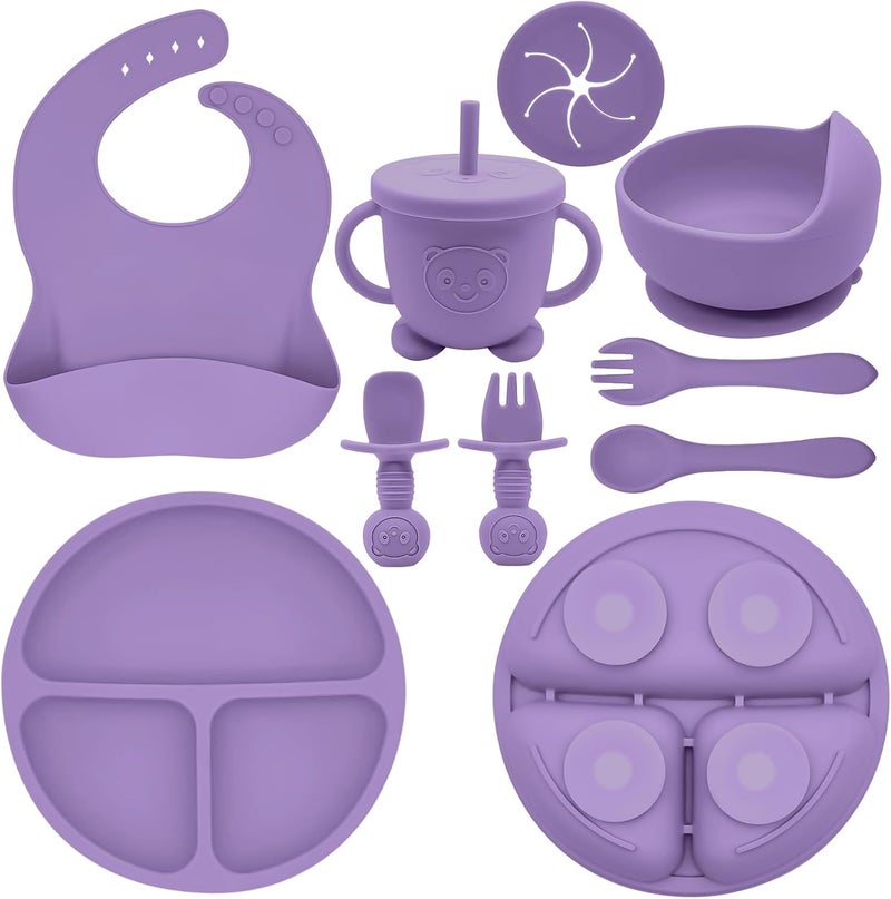 Munlinder Silicone Baby Feeding Set | Baby Led Weaning Supplies Includes Suction Bowls and Divided Plates, Adjustable Bib, Baby Utensils Spoons and Forks,Cup | Baby Feeding Essentials (Purple) - Image 1